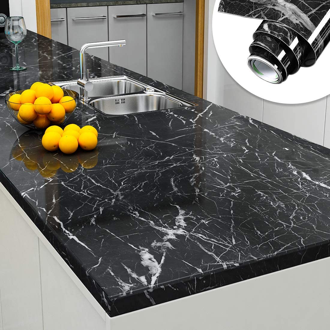 60cm × 200cm Self Adhesive Black / White Marble Sheet for Kitchen - Anti Oil and Heat Resistant Wallpaper