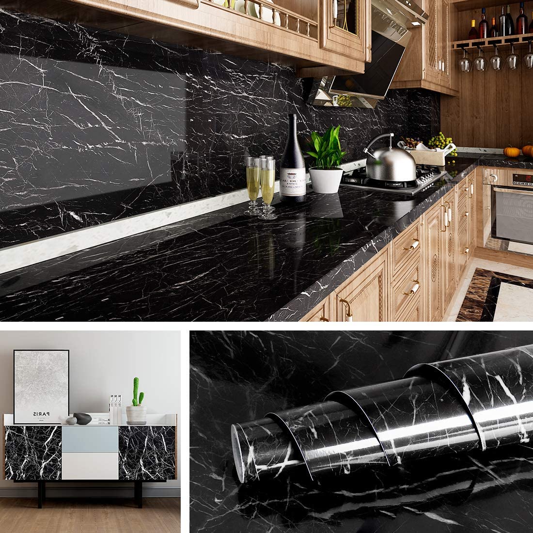 60cm × 200cm Self Adhesive Black / White Marble Sheet for Kitchen - Anti Oil and Heat Resistant Wallpaper