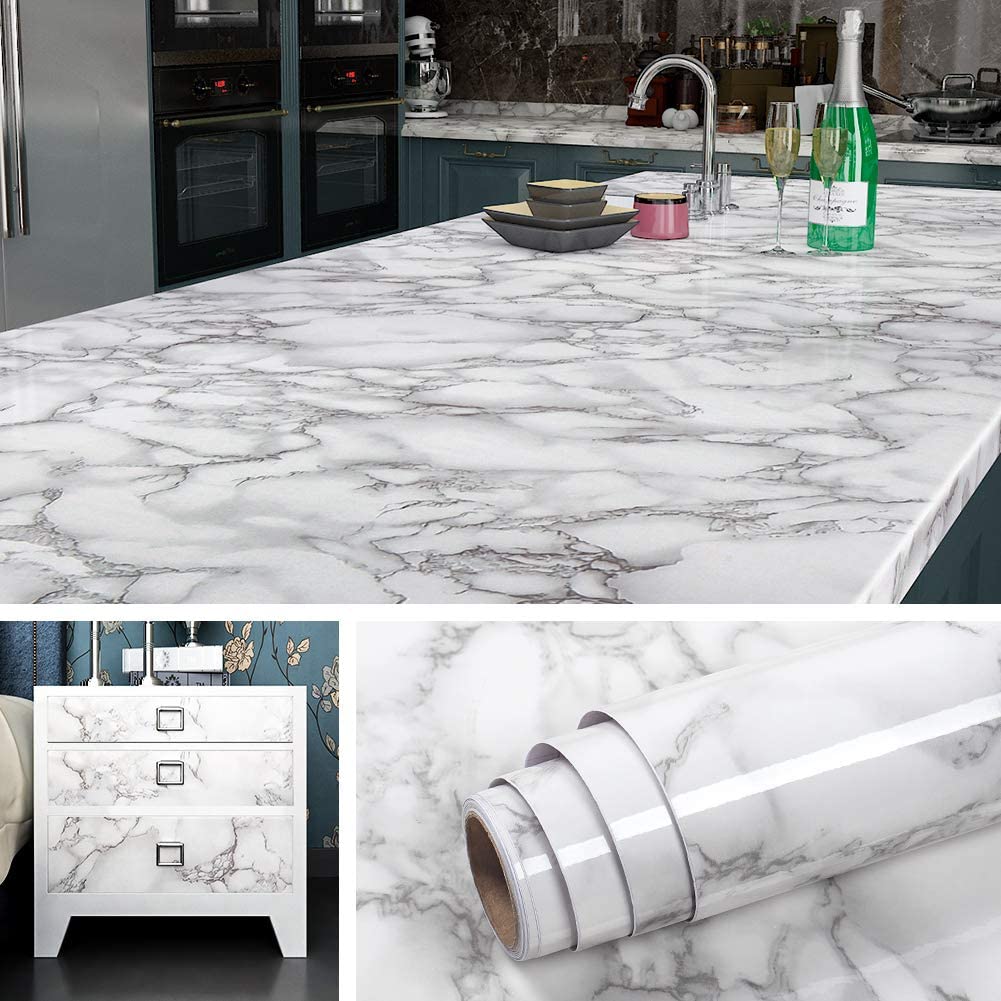 60cm × 200cm Self Adhesive Black / White Marble Sheet for Kitchen - Anti Oil and Heat Resistant Wallpaper