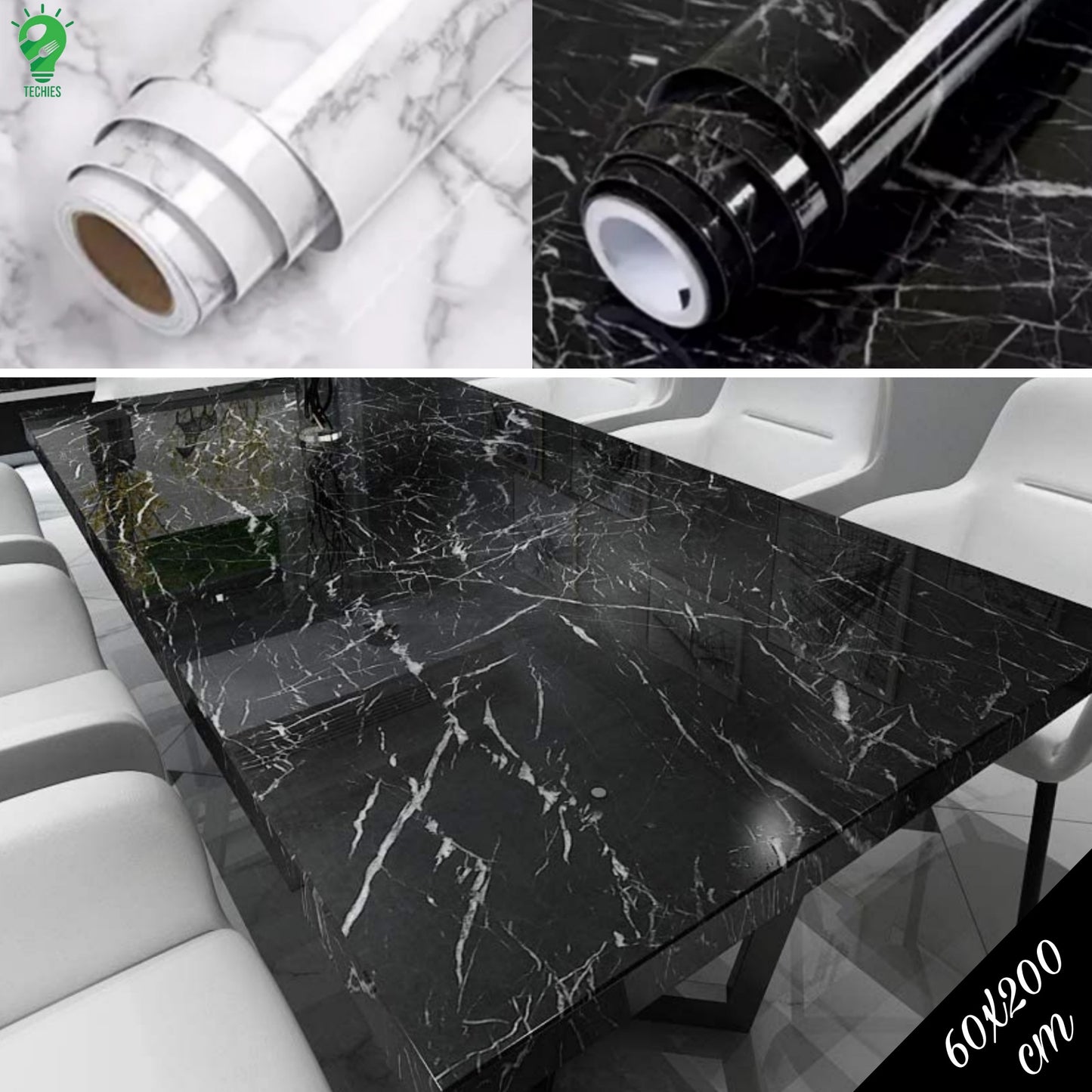 60cm × 200cm Self Adhesive Black / White Marble Sheet for Kitchen - Anti Oil and Heat Resistant Wallpaper